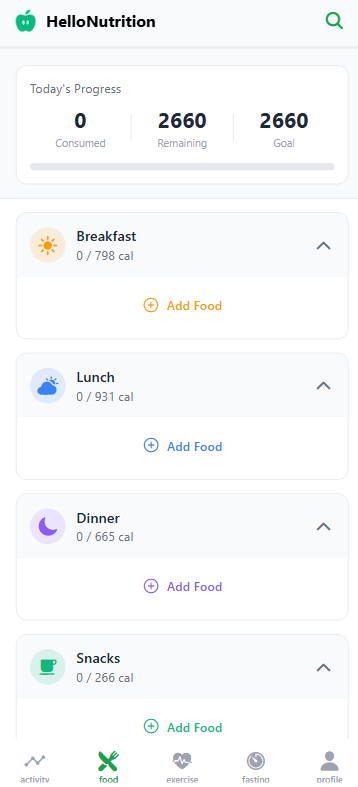 Food tracking screen